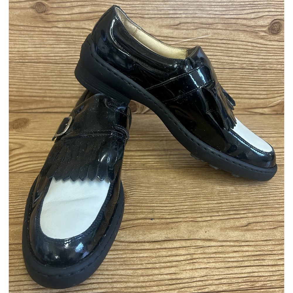 Vintage Harricini Black‎ White Saddle Golf Shoes Patent Leather Sz 8 Italy